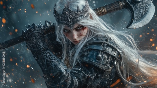 A fierce warrior with long white hair, wearing ornate armor and wielding a large axe. photo