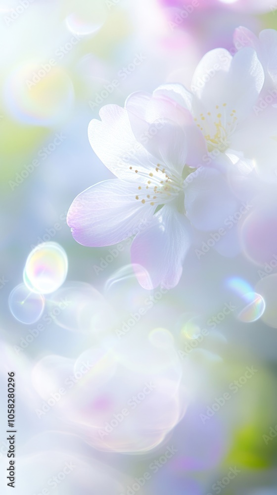 A soft-focus image of delicate white flowers with a dreamy background of light and colors. A soft-focus image of delicate white flowers with a dreamy background of light and colors.