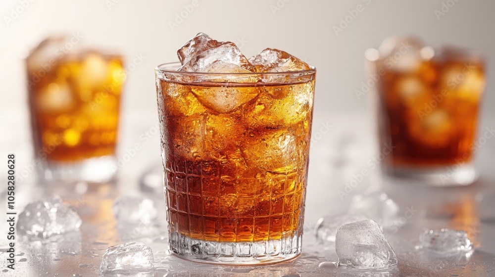Glasses of a dark, fizzy drink with ice cubes. Glasses of a dark, fizzy drink with ice cubes.