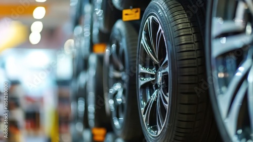 A display of car tires on a wall in an automotive shop, showcasing various styles and sizes.