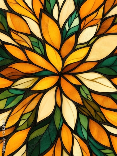 A vibrant stained glass design featuring leaves in warm colors and green hues.