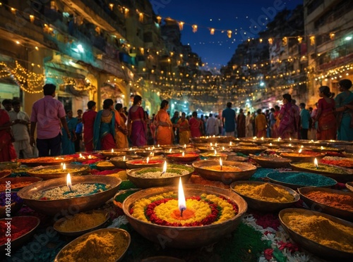 The joy of Diwali expressed through the bright lights of diyas and the colorful rangoli patterns