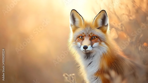 This captivating photograph showcases a fox with a magnificent coat of golden, fluffy fur, surrounded by soft lighting that adds a touch of warmth to the scene