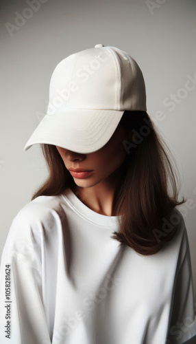 A young woman wearing a plain white baseball cap and white T-shirt. Lady girl with long hair. Plain background