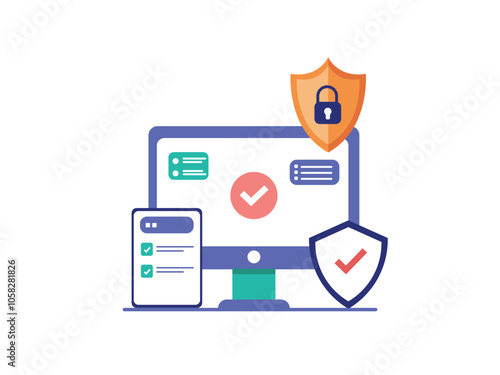 Vector illustration of cybersecurity and data protection concept, featuring a computer monitor, shield icons, and check marks symbolizing security.
