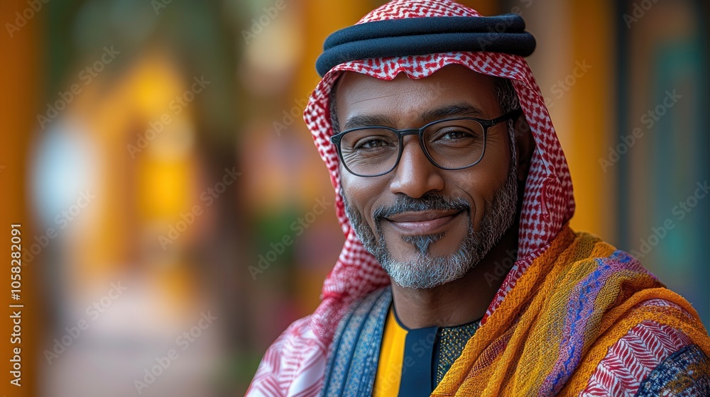 Obraz premium A smiling man in traditional attire against a colorful backdrop.