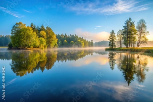 A serene and peaceful lake in the early morning, with mist rising from the water's surface and surrounding trees reflected in the calm lake, water, reflection, serenity, outdoors