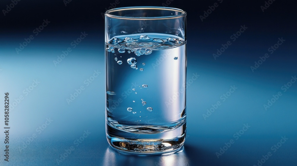 A clear glass of water with bubbles against a blue background. A clear glass of water with bubbles against a blue background.