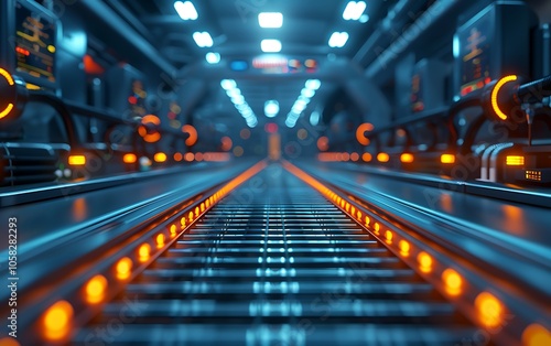 A futuristic corridor with illuminated rails and advanced technology, showcasing a high-tech industrial environment.