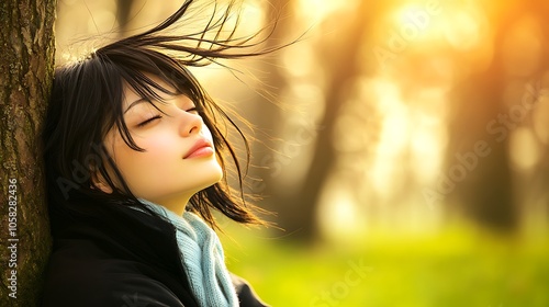 A profile view of a young woman leaning against a tree in a sunlit forest, her eyes focused on a distant point, lost in quiet introspection as the gentle breeze plays with her hair.