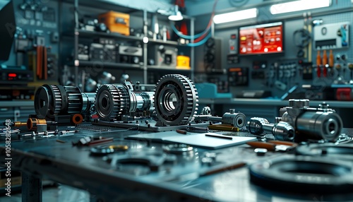 The image showcases an organized workshop with various mechanical components spread across a table, highlighting a focus on engineering and precision. photo