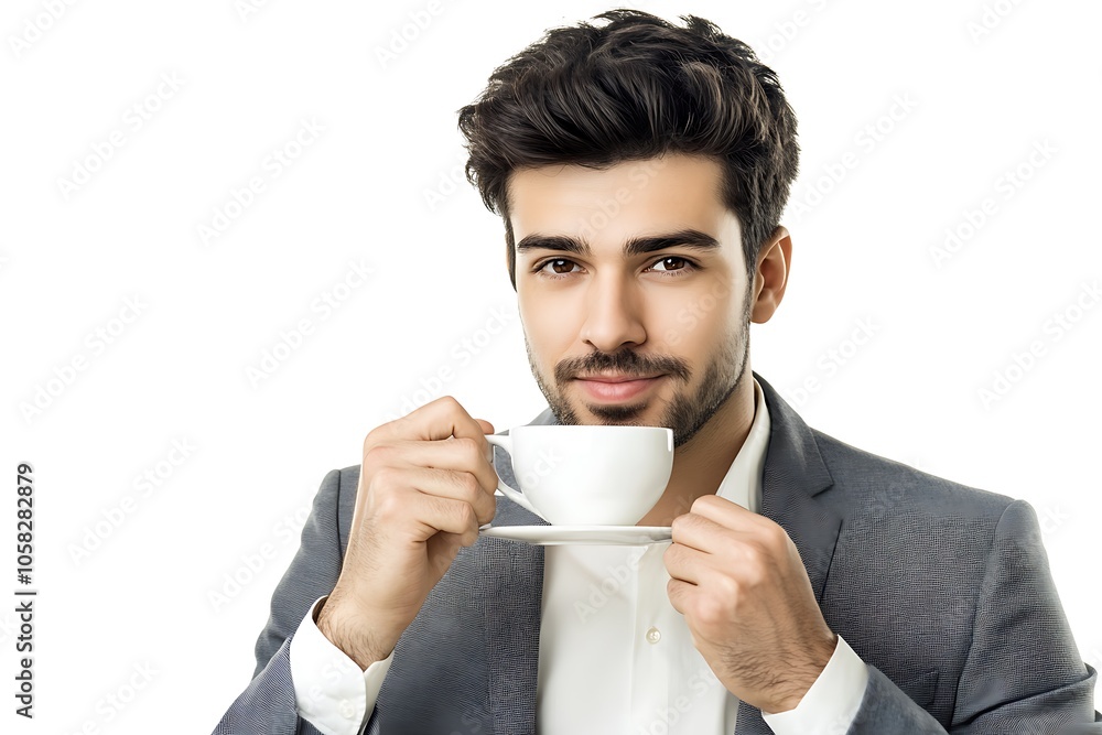 Portrait of a businessman drinking coffee from a white cup and saucer Portrait of a businessman drinking coffee from a white cup and saucer