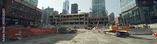 Urban construction site with machinery and building framework in a city setting.