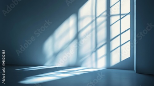 Minimalist abstract light blue background for product presentation with light reflections and abstract shadow on wall. Square mockup. 