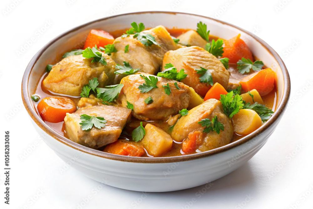 Chicken stew with parsley garnish,isolated on white background Chicken stew with parsley garnish,isolated on white background