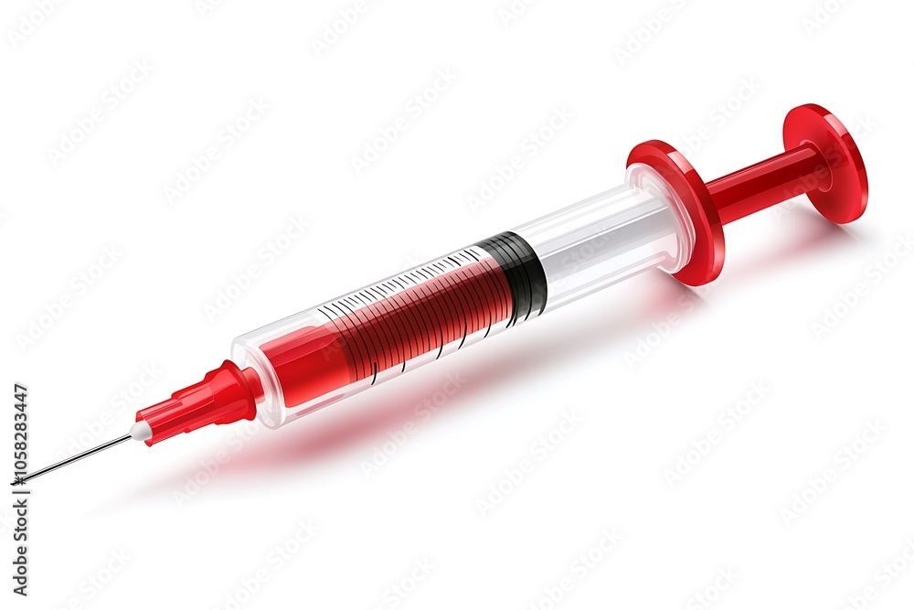 Fototapeta premium Medical syringe filled with red liquid, lying on a white background