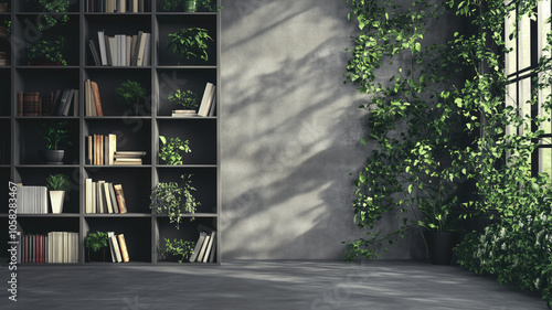 a contemporary style bookshelf adorned with plants that serves as a modern decorative element for virtual office backdrops studio backgrounds or can be printed in a large format to enhance a back. AI 