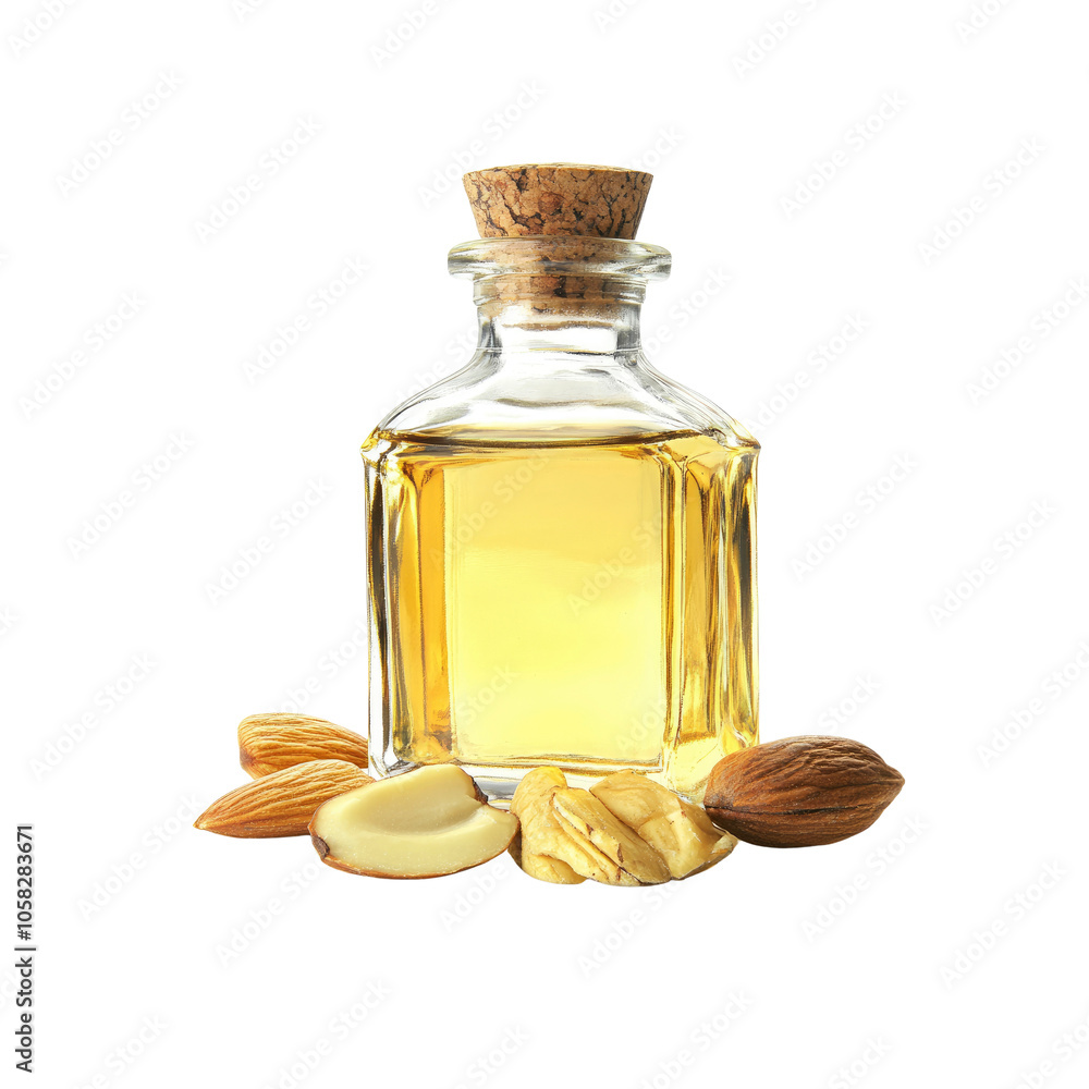 Almond Oil in Glass Bottle with Almonds Almond Oil in Glass Bottle with Almonds