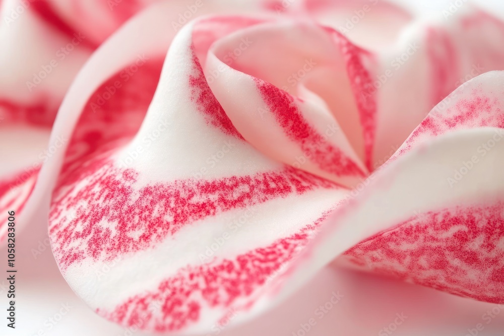 A close-up of a pink and white striped flower petal, showcasing its delicate texture and color.