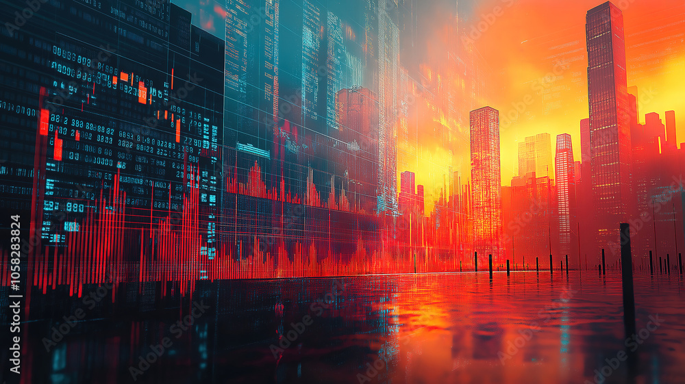 Fototapeta premium Digital indicators and declining graphs illustrating a stock market crash against a modern city