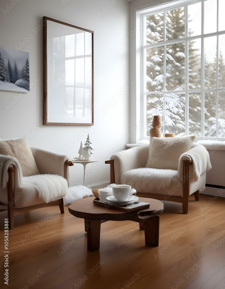 Fototapeta premium A cozy living room with white armchairs, a wooden coffee table, and a large window overlooking a snowy outdoor scene.