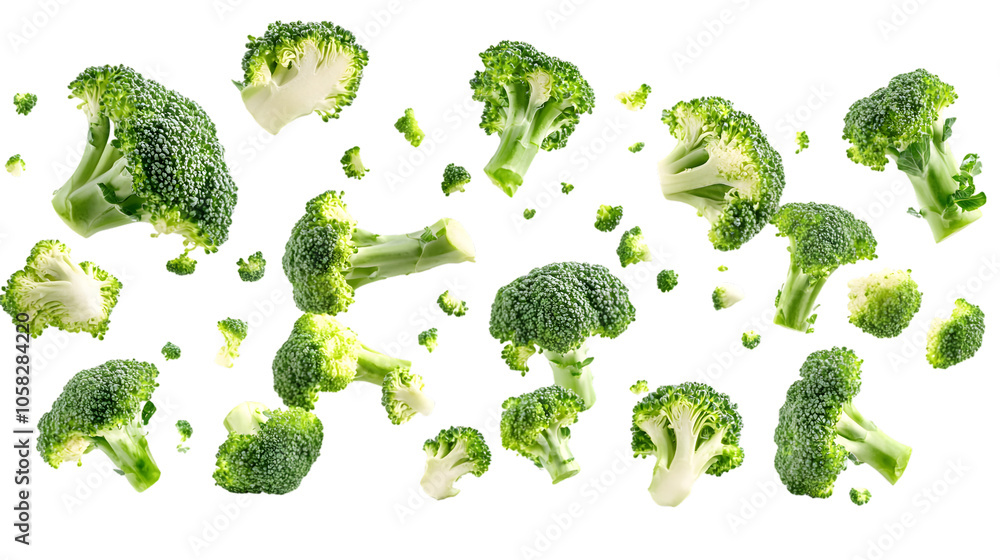 Falling broccoli florets, isolated on white background Falling broccoli florets, isolated on white background