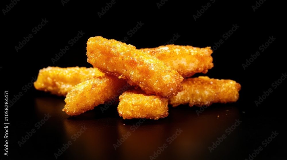 A close-up of golden, crispy fried food pieces on a dark background. A close-up of golden, crispy fried food pieces on a dark background.