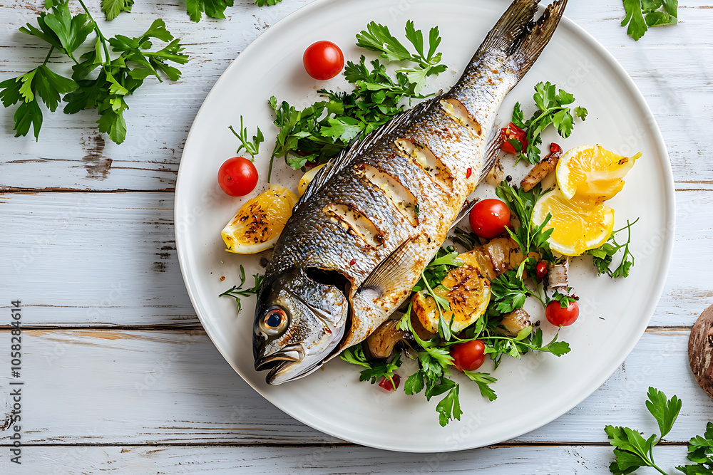 Grilled fish with lemon, tomatoes, herbs and spices lies on a white plate, embodying the spirit of chinese new year Grilled fish with lemon, tomatoes, herbs and spices lies on a white plate, embodying the spirit of chinese new year