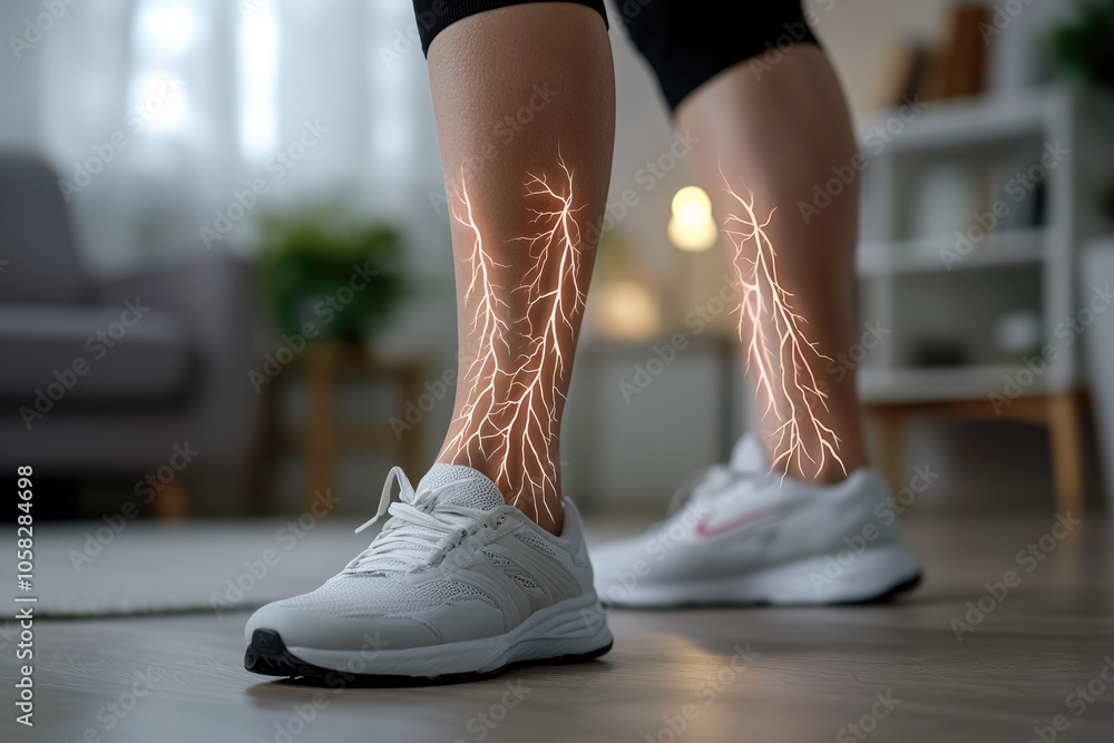 Depiction of nerve pain and fatigue: a person with exhausted legs, showing physical strain of nerve pain, focusing on discomfort and heaviness that comes with persistent aching in the lower body. Depiction of nerve pain and fatigue: a person with exhausted legs, showing physical strain of nerve pain, focusing on discomfort and heaviness that comes with persistent aching in the lower body.