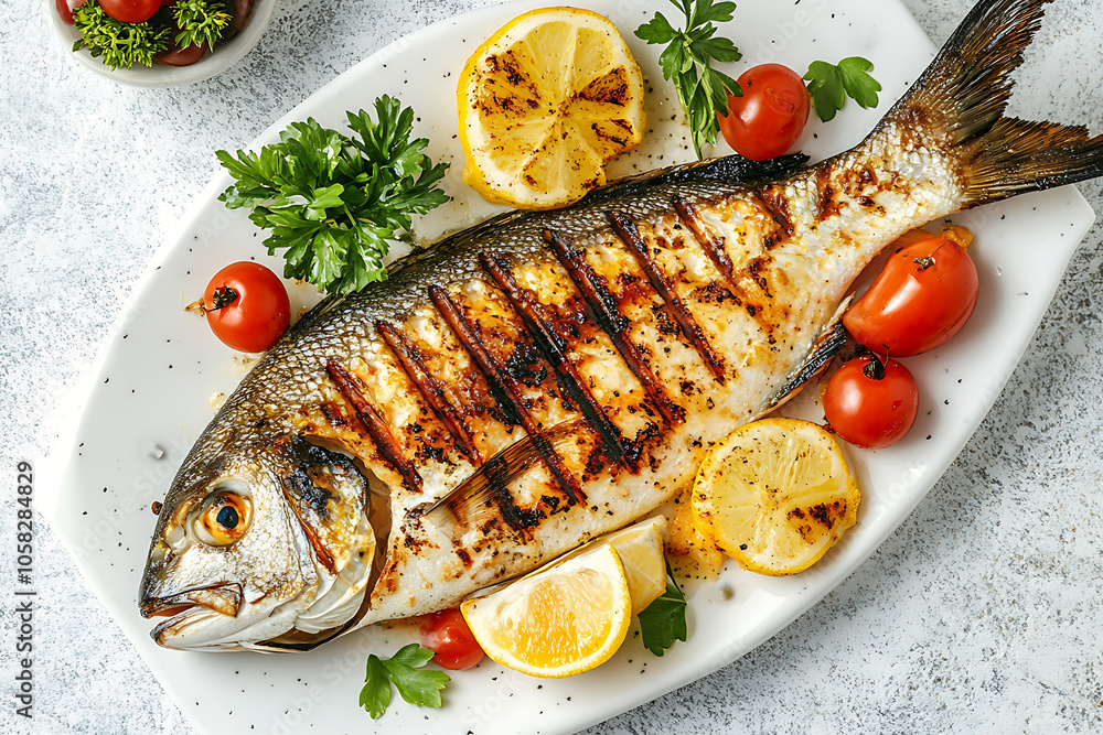 Top view of grilled dorado fish seasoned with herbs, served with lemon and cherry tomatoes on white plate Top view of grilled dorado fish seasoned with herbs, served with lemon and cherry tomatoes on white plate