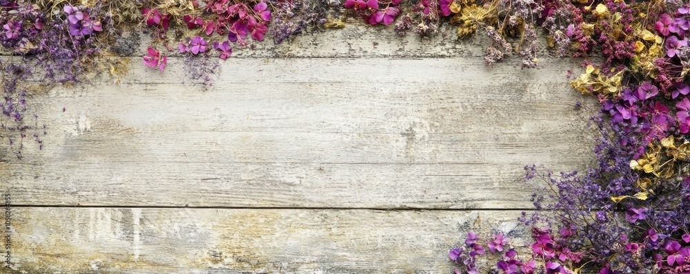 Fototapeta premium A rustic wooden background adorned with colorful dried flowers.