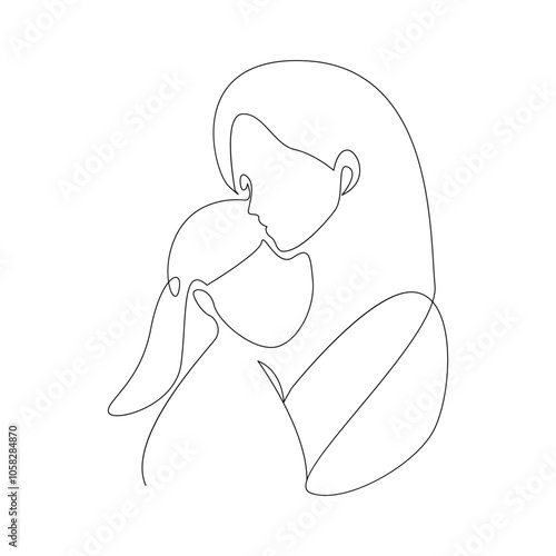 Vector happy mother day card in one continuous line drawing isolated on white background. Mother's Day pro vector illustration 