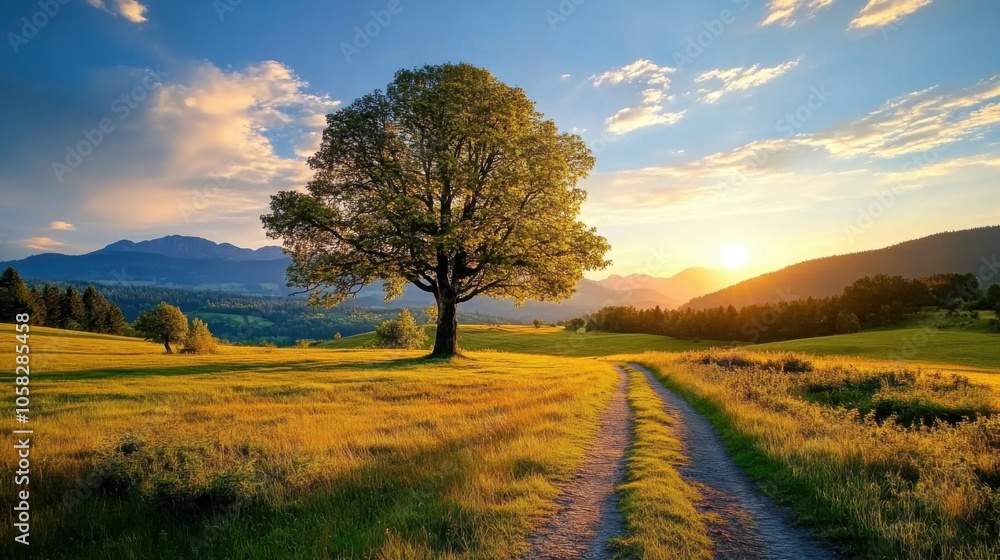 Scenic Sunset Over Forest Landscape with Pathway Scenic Sunset Over Forest Landscape with Pathway
