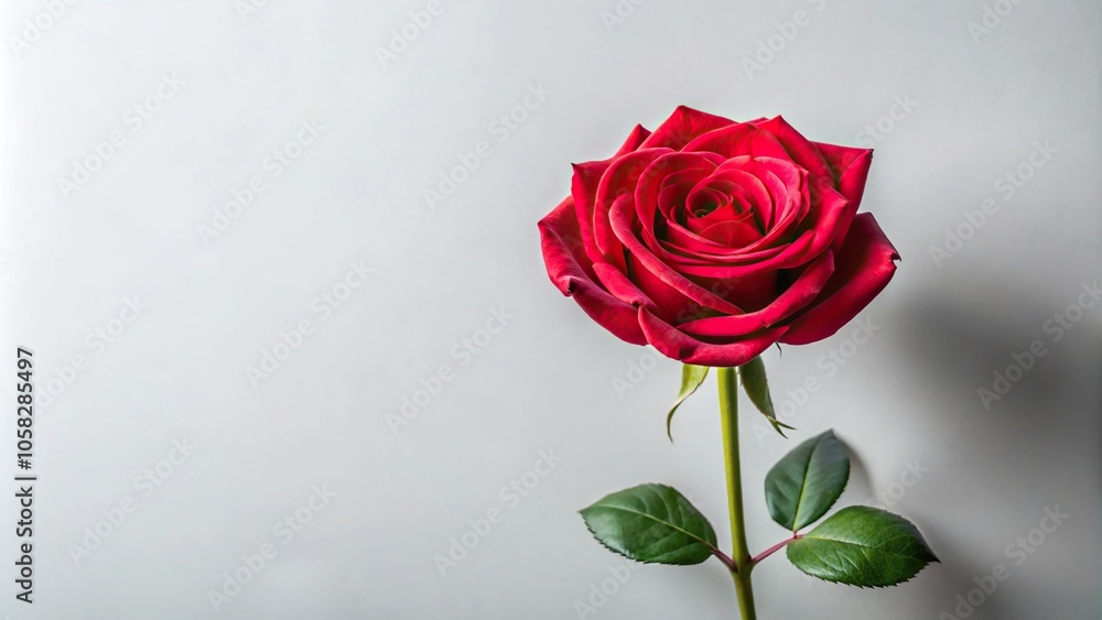 A single long-stemmed red rose in full bloom against a soft white background, blooming, red roses, spring flowers, roses A single long-stemmed red rose in full bloom against a soft white background, blooming, red roses, spring flowers, roses