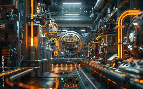 A futuristic industrial corridor filled with glowing orange pipes and advanced technology, showcasing a high-tech, sci-fi atmosphere.