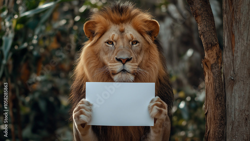 A male lion holding a white piece of paper and holding it up in front of body. Can write any character or symbol. Smile, anger, serious expression. photo