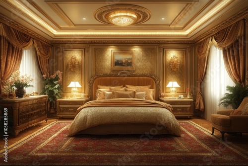 Luxurious bedroom with ornate decor and warm lighting.