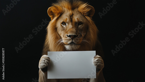 A male lion holding a white piece of paper and holding it up in front of body. Can write any character or symbol. Smile, anger, serious expression. photo