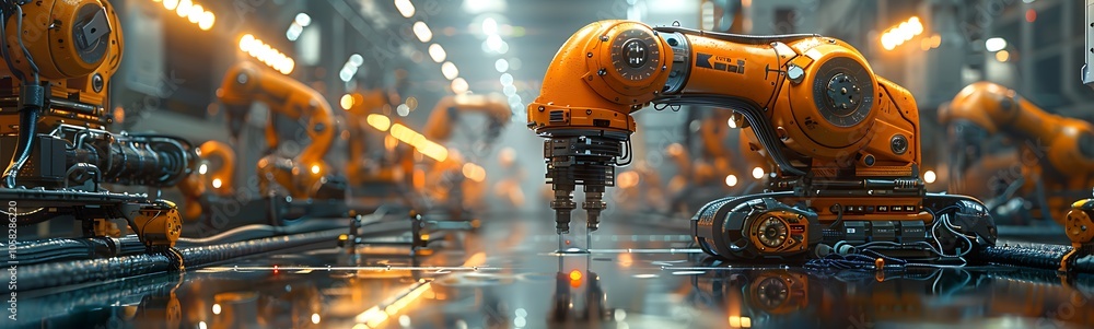 A detailed view of industrial robots working in a factory setting with bright lighting, showcasing automation and advanced technology. A detailed view of industrial robots working in a factory setting with bright lighting, showcasing automation and advanced technology.