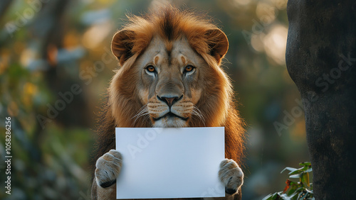 A male lion holding a white piece of paper and holding it up in front of body. Can write any character or symbol. Smile, anger, serious expression. photo