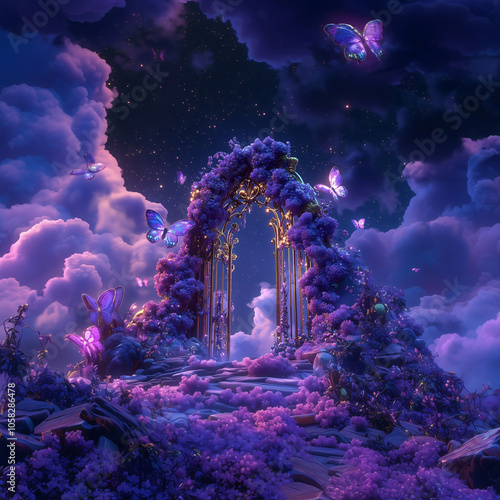 Enchanted Nighttime Floral Archway with Glowing Butterflies, Mystical Scene Under a Starry Sky