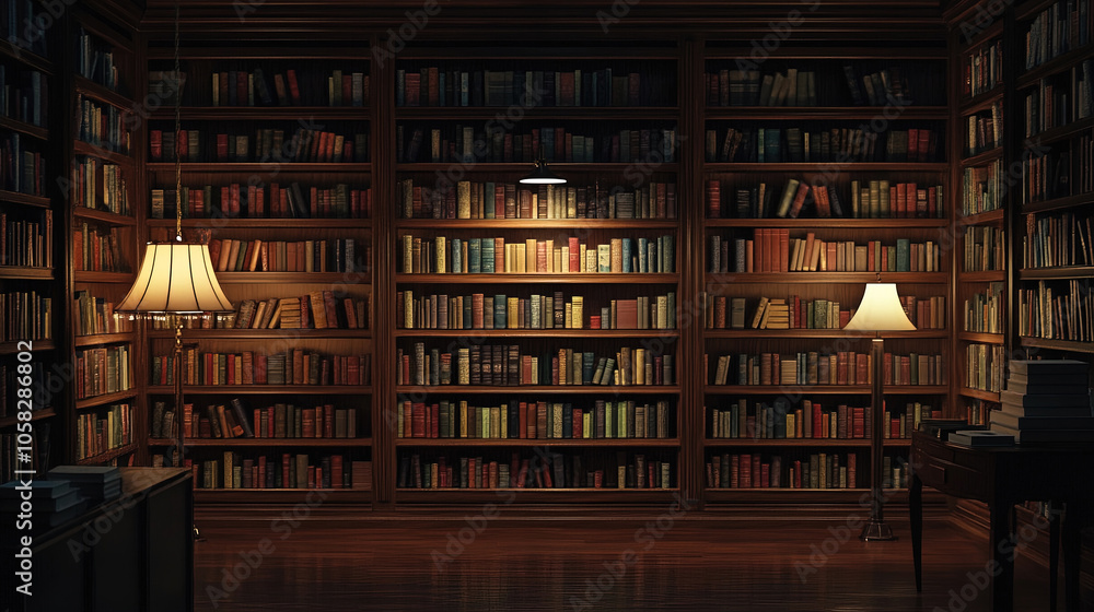 Stack of books in the bookshelves, dark background Stack of books in the bookshelves, dark background