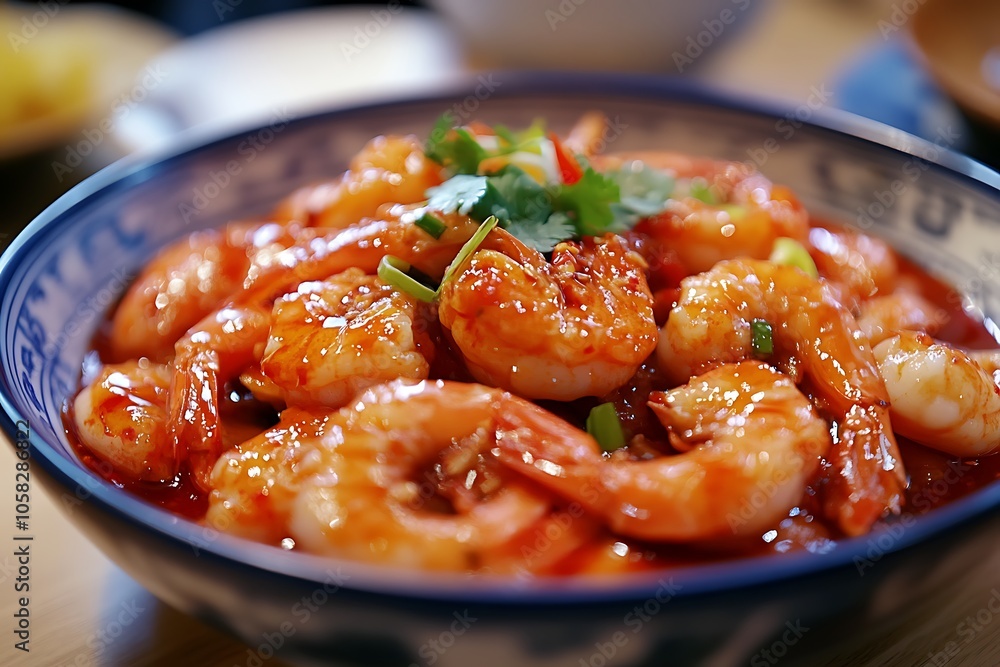 Delicious kung pao shrimp garnished with coriander and spring onions in traditional chinese bowl Delicious kung pao shrimp garnished with coriander and spring onions in traditional chinese bowl