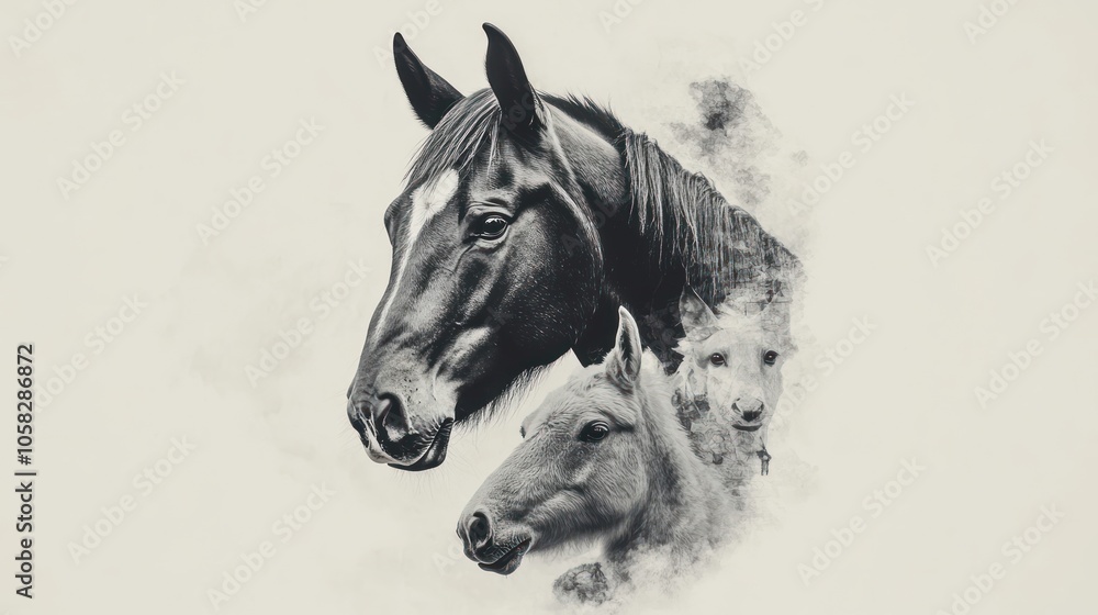 A monochrome illustration featuring three horses, highlighting their beauty and grace. A monochrome illustration featuring three horses, highlighting their beauty and grace.