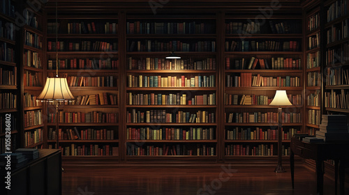 Stack of books in the bookshelves, dark background