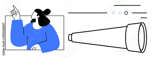 Person pointing with one hand, standing next to a large telescope. Ideal for future planning, vision, exploration, discovery, business strategy, goal setting, and teamwork. Line metaphor