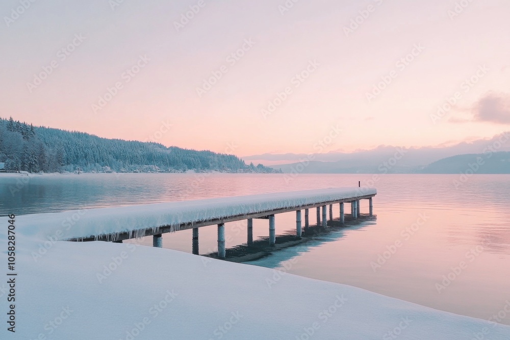 Fototapeta premium Tranquil winter lake with snowy pier at sunrise in serene landscape