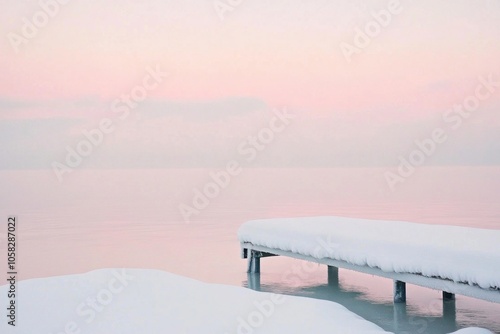 Wallpaper Mural Serene winter dock at sunset with snow-covered lake and pastel sky reflection Torontodigital.ca