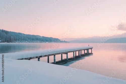 Wallpaper Mural Tranquil winter lake with snowy pier at sunrise in serene landscape Torontodigital.ca