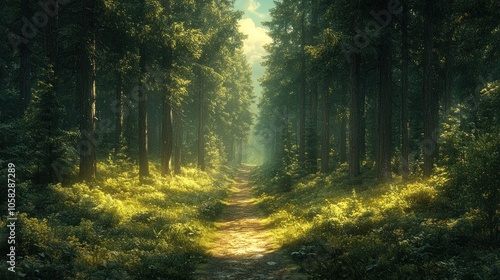 Serene forest path illuminated by soft sunlight.